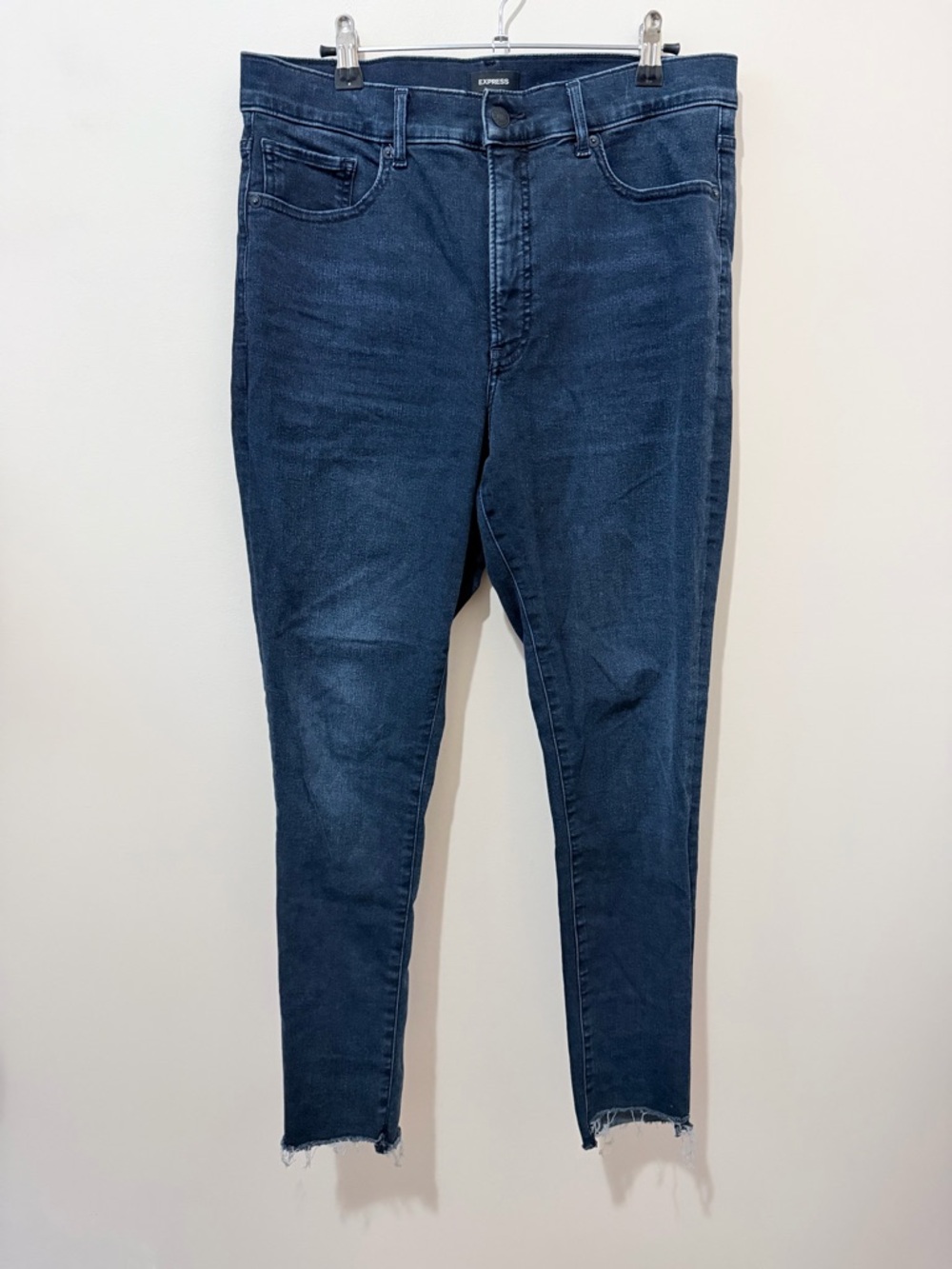 Express Skinny High Rise Stretch Jeans Dark Wash Raw Hem Size 12